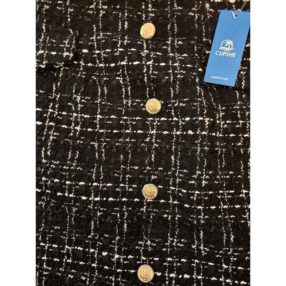 CUPSHE Women's Black White Tweed Skirt Gold Buttons Plaid Size Medium - Picture 2 of 8